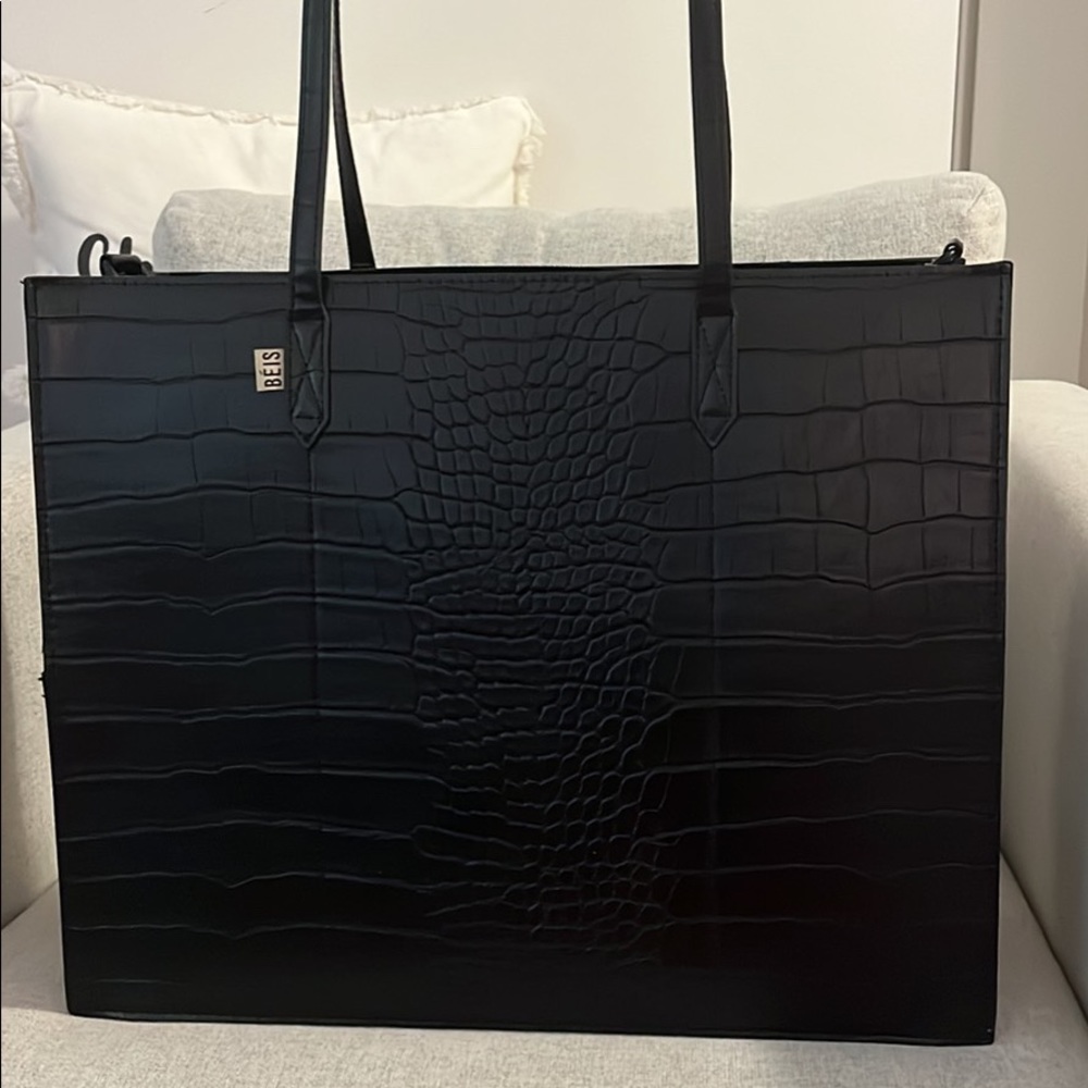 Béis The Work Tote in Black Croc